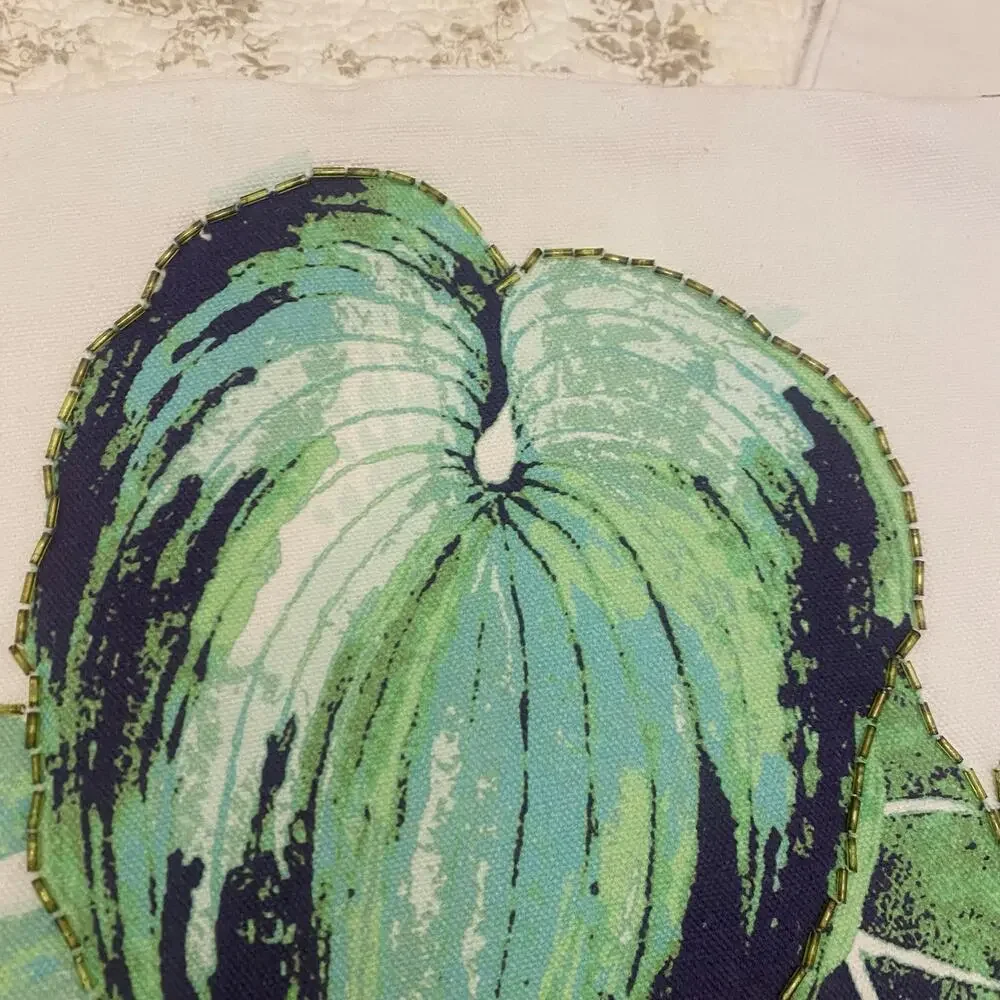 Set of TWO Tropical Monstera Leaf Beaded Throw Pillow Covers 19x13 with Zipper